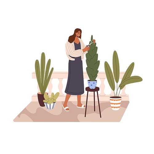 Woman caring about home garden with potted plants. Girl cutting houseplants leaf with scissors at house balcony. Person and homeplants. Flat vector illustration isolated on white background.