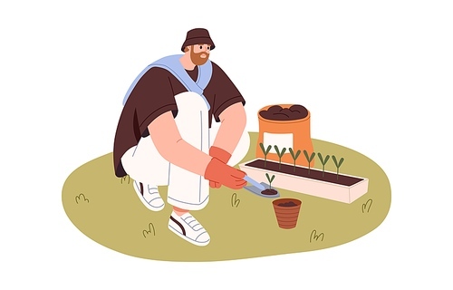 Person replanting plants, sprouts in pot. Man and garden, farm works with seedlings, seed bed. Guy growing, caring about crops and soil. Flat graphic vector illustration isolated on white background.