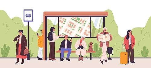 People waiting public transport at modern bus stop. Passengers with newspaper, mobile phone, luggage sitting on bench and standing. Commuters citizens at municipal station. Flat vector illustration.