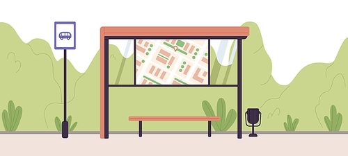 Bus stop for city public transport with bench and map on board. Urban street station, shelter with road sign and plants, panoramic view. Suburban infrastructure. Colored flat vector illustration.