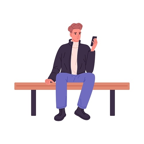 Young man sitting on bench, using mobile phone. Person with smartphone in hands. Guy with cellphone texting, looking at telephone. Flat vector illustration isolated on white background.