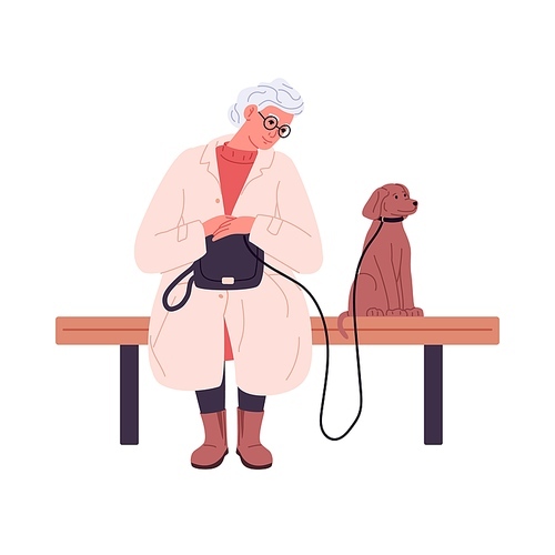 Senior woman with dog sitting on bench and waiting. Old aged lady with bag and doggy on leash. Elderly female and puppy. Flat vector illustration isolated on white background.
