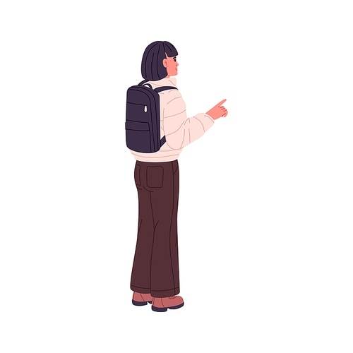 Woman tourist with backpack, pointing at smth with index finger. Backpacker traveler showing something with forefinger. Person in travel outfit. Flat vector illustration isolated on white background.