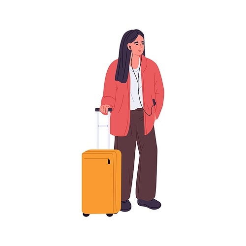 Woman tourist standing with wheel suitcase, luggage. Traveler with baggage waiting for smth and listening to music in earphones. Female passenger. Flat vector illustration isolated on white background.
