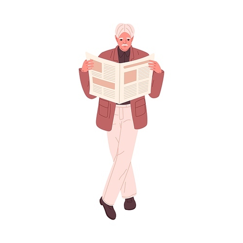 Senior old man holding newspaper in hands, reading news. Aged elderly gray-haired male standing with paper, waiting. Flat vector illustration isolated on white background.