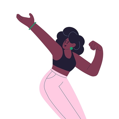 Happy girl dancing. Young energetic black woman at party, moving to music. Modern African-American female dancer with positive energy. Flat graphic vector illustration isolated on white background.