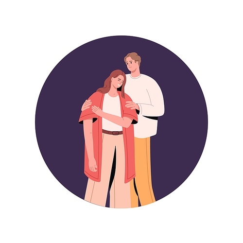 Love couple of man and woman. Happy young people in romantic relationships. Family portrait in circle, hugging and smiling. Wife and husband. Flat vector illustration isolated on white background.