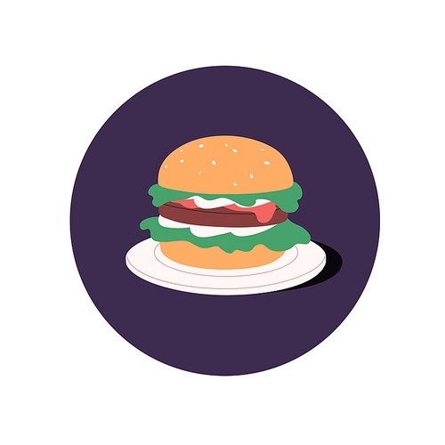 Burger, fast food icon. Abstract hamburger with lettuce, meat cutlet and sauce between buns. American sandwich with bread, beef and salad. Flat vector illustration isolated on white background.