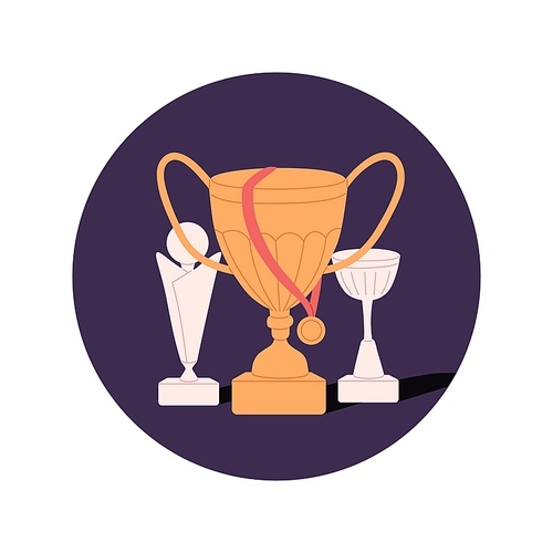 Winners cups and gold medal. Champions goblets, awards. Trophies icon. Rewards composition in circle. Chalices for sports contests. Flat vector illustration isolated on white background.