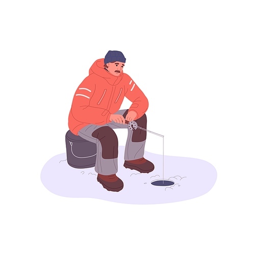 Man fisher at ice polar fishing in cold winter, frost. Fisherman sitting with rod, catching fish through hole. Angler on frozen lake water. Flat vector illustration isolated on white background.