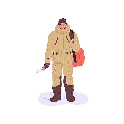 Fisherman in winter outfit ready for ice fishing in cold weather. Fisher man portrait. Angler in warm clothes stands with tools, equipment, bag. Flat vector illustration isolated on white background.