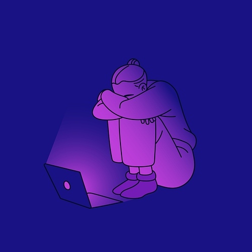 Sad depressed upset character in despair, depression at laptop computer. Unhappy desperate anguish crying woman feeling sadness. Psychology problem, depression concept. Flat vector illustration.