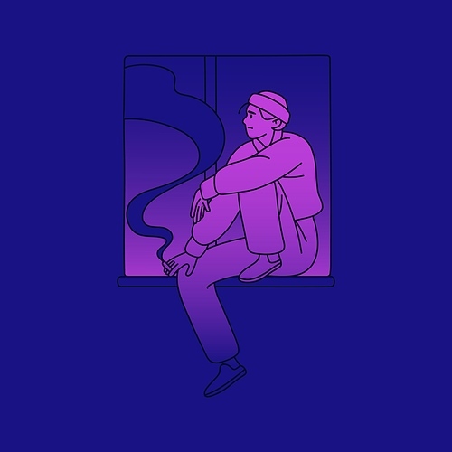 Sad unhappy person smoking and looking out window. Upset depressed character in despair, feeling loneliness, thinking. Psychology problem, crisis, trouble, sadness concept. Flat vector illustration.
