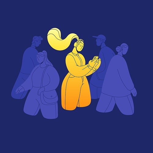 Happy girl in headphones listening to music. Outstanding optimistic woman in positive good mood, standing out among crowd. Psychology concept of happiness, optimism. Flat vector illustration.