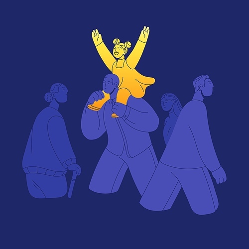 Cute happy careless kid sitting on shoulders. Carefree joyful excited girl standing out from crowd. Kids childish positive emotion of joy. Happiness, childhood concept. Flat vector illustration.
