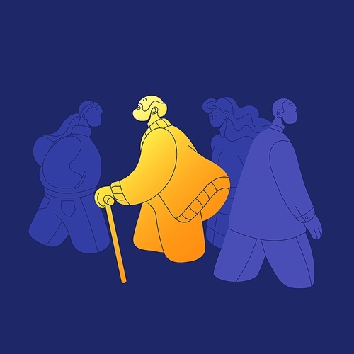 Happy old age, optimism concept. Positive senior person standing out among sad people crowd. Energetic elderly man with cane full of energy, happiness, good mood. Flat vector illustration.