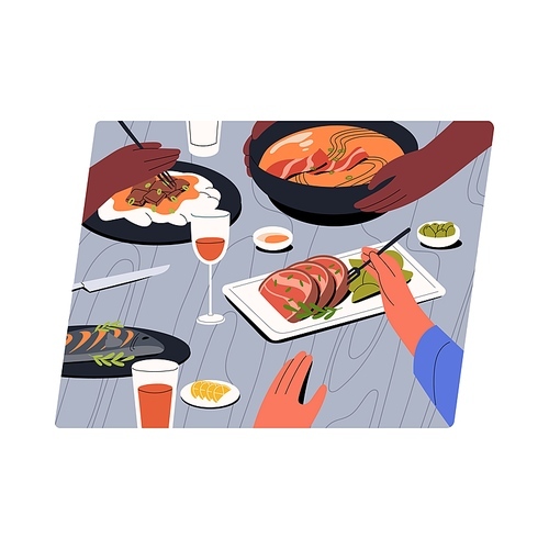 Restaurant meal. Hands at dinner table, taking food, snacks, dishes. People friends eating out on holiday with wine, wineglasses, served tasty meat, fish, soup on plates. Flat vector illustration.