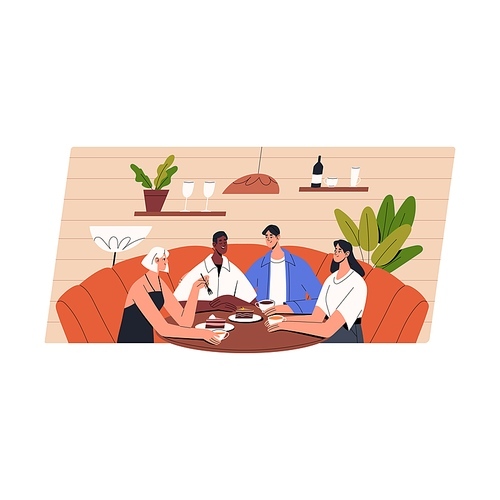 Friends group eating out, sitting at cafe table. Double date in coffee shop. Two couples drinking tea, cake, talking in coffee shop, cafeteria. Flat vector illustration isolated on white background.
