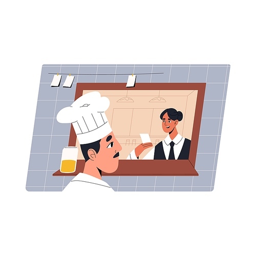 Waiter and chef cook in restaurant at work. Cafe staff communication. Waitress reading order to kitchen worker in cafe. HoReCa, cooking and catering business concept. Flat vector illustration.