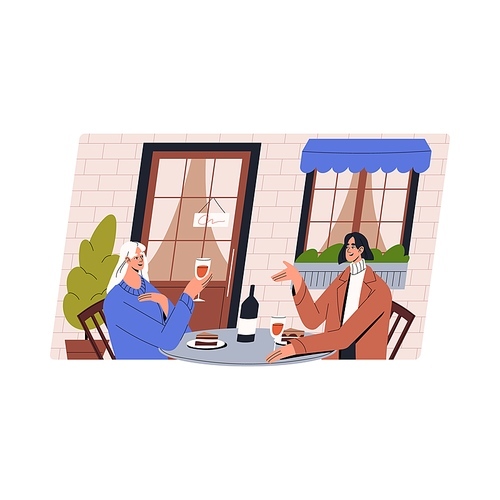 Girls friends eating out, sitting at table at restaurant terrace, drinking wine, talking. Women girlfriends relaxing, chatting, gossiping at street cafe with wineglasses. Flat vector illustration.