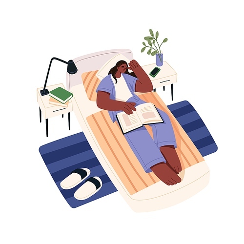 Person sleeping. Woman falling asleep while reading book. Student lying on pillow in bed and napping in bedroom. Sleepy female relaxing at home. Flat vector illustration isolated on white background.