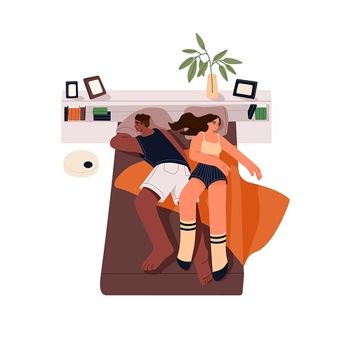 Couple sleeping in bed together. Asleep man and woman lying in bedroom and dreaming. Top view of sleepy people relaxing at modern home interior. Flat vector illustration isolated on white background.