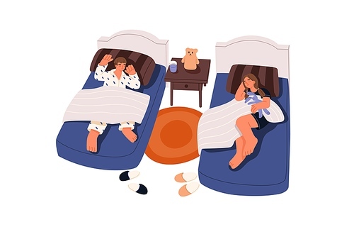 Children lying and sleeping in beds at home. Sleepy kids resting in bedroom. Little boy and girl asleep on pillows. Childs sweet night dream. Flat vector illustration isolated on white background.