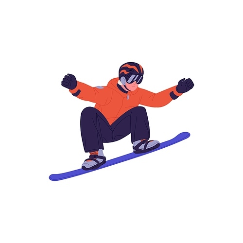 Man riding snowboard. Active person jumping, standing on snow board. Snowboarder in glasses and helmet. Extreme winter sports activity. Flat vector illustration isolated on white background.