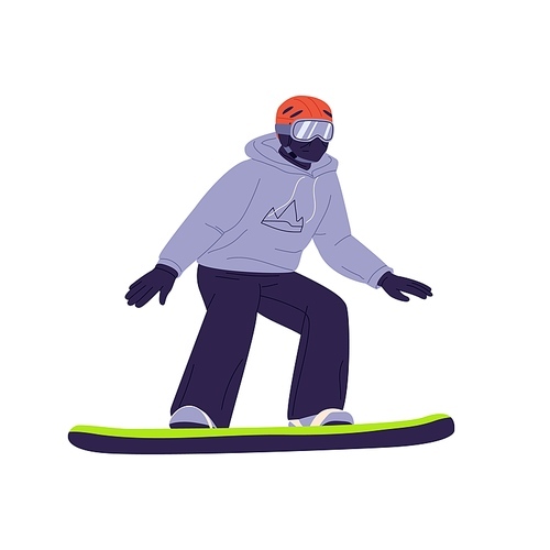 Snowboarder sliding. Active man riding snowboard. Person in helmet, glasses and winter outfit standing on snow board. Extreme sports activity. Flat vector illustration isolated on white background.