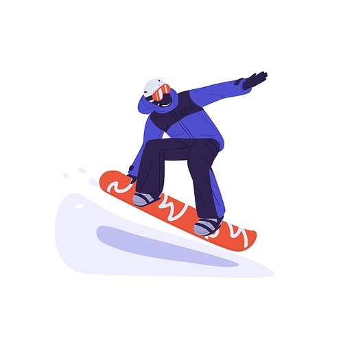 Snowboarder riding snow board. Snowboard rider in motion. Man in helmet, glasses and sportswear during extreme winter activity. Flat graphic vector illustration isolated on white background.