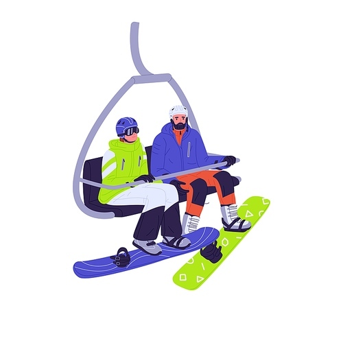 Couple with snowboards in cable car. People snowboarders in ropeway cabin. Man and woman winter tourists with snow boards in cableway trolley. Flat vector illustration isolated on white background.