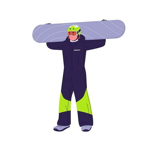 Man holding snowboard portrait. Snow board rider in helmet and glasses. Winter tourist, snowboarder in sports outfit, ready for extreme activity. Flat vector illustration isolated on white background.