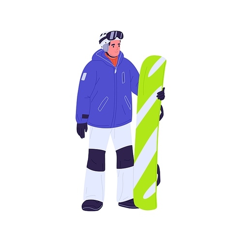 Man holding snowboard. Snowboarder in helmet and winter outfit portrait. Snow board rider standing in sportswear, ready for extreme activity. Flat vector illustration isolated on white background.