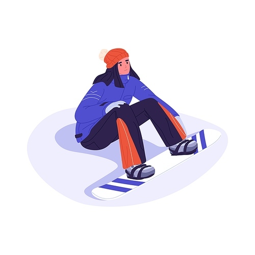 Woman snowboarder sitting on snow. Happy person with winter board. Young female snowboard rider in sportswear. Active tourist. Flat vector illustration isolated on white background.