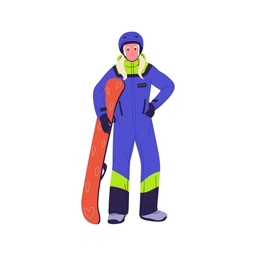 Woman snowboarder portrait. Snowboard rider holding snow board. Person standing in helmet and winter sports outfit, ready for extreme activity. Flat vector illustration isolated on white background.