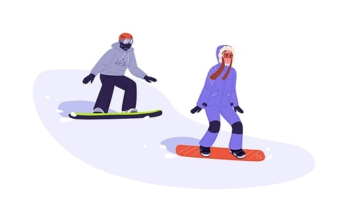 Couple riding snowboards. Snowboarders sliding down slope. People on snow boards in motion. Man and woman during winter sports activity. Flat vector illustration isolated on white background.