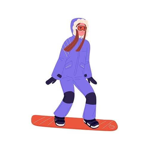 Woman snowboarder sliding down. Snow board rider standing on snowboard. Happy person in winter outfit riding. Extreme sports activity. Flat vector illustration isolated on white background.