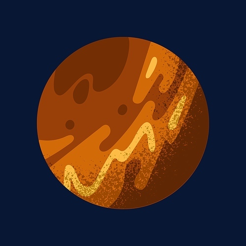 Venus, planet ball, sphere in cosmos. Cosmic body, celestial globe. Planetary object with orange, red craters in outer space. Isolated flat vector illustration.