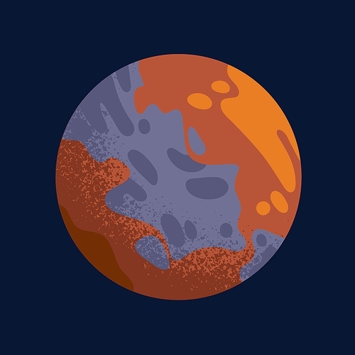 Mars, planet sphere in cosmos, outer space. Cosmic body, celestial globe. Planetary ball, object with orange, red craters, spots in universe. Isolated flat vector illustration.