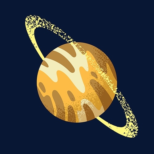 Saturn in outer space, planet ball, sphere. Celestial globe with rings in cosmos. Cosmic planetary object with spots on surface. Isolated flat vector illustration.