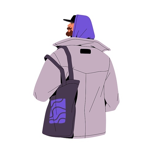 People with bag, shopper. Trendy man with beard wearing cap, hood, tote pack, urban style. Person walks on street of city to shopping, back view. Flat isolated vector illustration on white background.