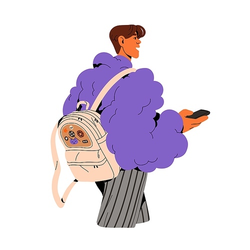 People with backpack. Fashionable modern woman in plush jacket wears bag with patches, back view. Student walking in city in casual urban style. Flat isolated vector illustration on white background.