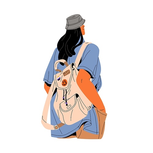 People with backpack. Young woman wearing panama, bag with patches in summer travel, casual style. Tourist walk in city in bucket hat, back view. Flat isolated vector illustration on white background.