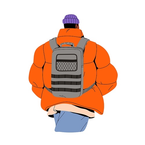 Tourist in oversize walking in city, black person in bright hat, jacket. People with backpack. Man in casual urban style outfit in trip back view. Flat isolated vector illustration on white background.