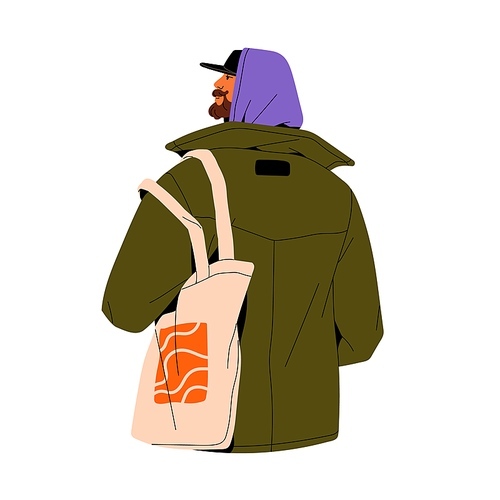 Man in urban fashionable outfit walks in city, shopping with trendy canvas eco bag, back view. People with shopper. Modern bearded person in hood. Flat isolated vector illustration on white background.