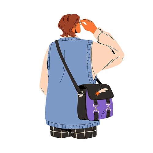 Man in shirt, vest and glasses walk with laptop bag, back view. People with shoulder, cross body bag. Student in casual urban outfit, study vibe. Flat isolated vector illustration on white background.