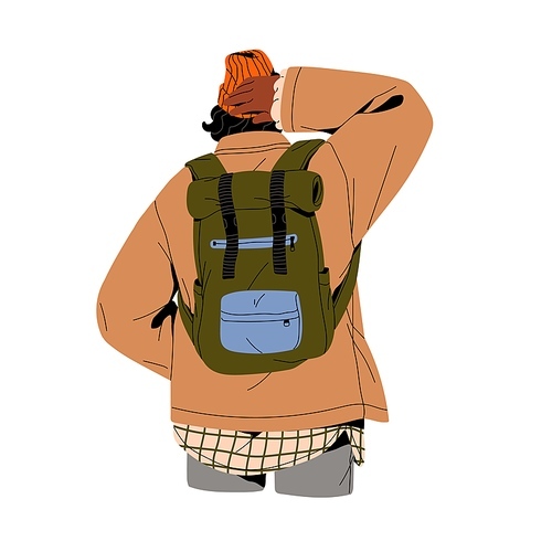 Person travel with unisex backpack in winter outfit, modern trip look. People with camping, hiking bag. Tourist walking in bright hat, back view. Flat isolated vector illustration on white background.