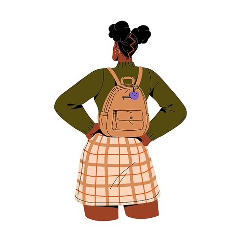 Young woman with backpack, flicker, trendy hairstyle and skirt, back view. People with school book bag. Urban student walking in casual style. Flat isolated vector illustration on white background.