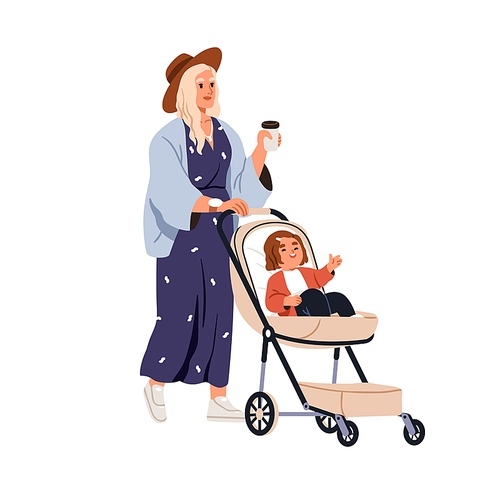 Mother walking with baby, child in pram. Modern happy woman mom drinking coffee, strolling with cute girl kid in stroller, pushchair. Flat graphic vector illustration isolated on white background.