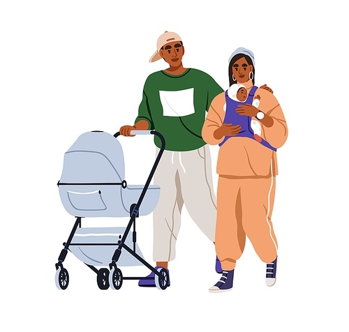 Parents walking with infant baby in sling. Young mother, father strolling with newborn child and pram, stroller. Mom, dad couple and kid. Flat graphic vector illustration isolated on white background.